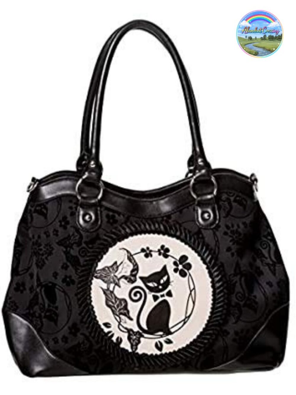 Gothic Victorian Shoulder Bag with Cat Print, Velvet Finish, Adjustable Strap